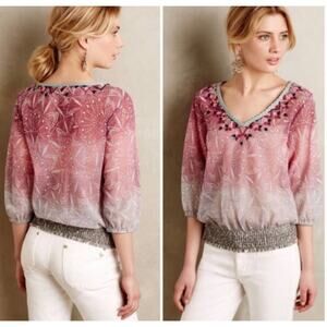 Akemi + Kin Anthropologie Arembepe Embroidered Ombre Sheer Blouse Pink XS Top